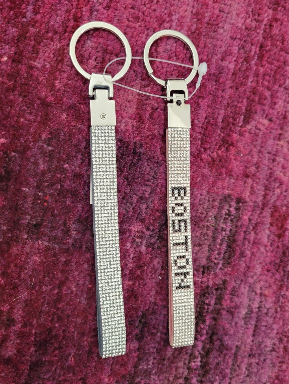 Set Of 2 Silver rhinestone wristlet keychains spelling "BOSTON" & One Blank. NEW